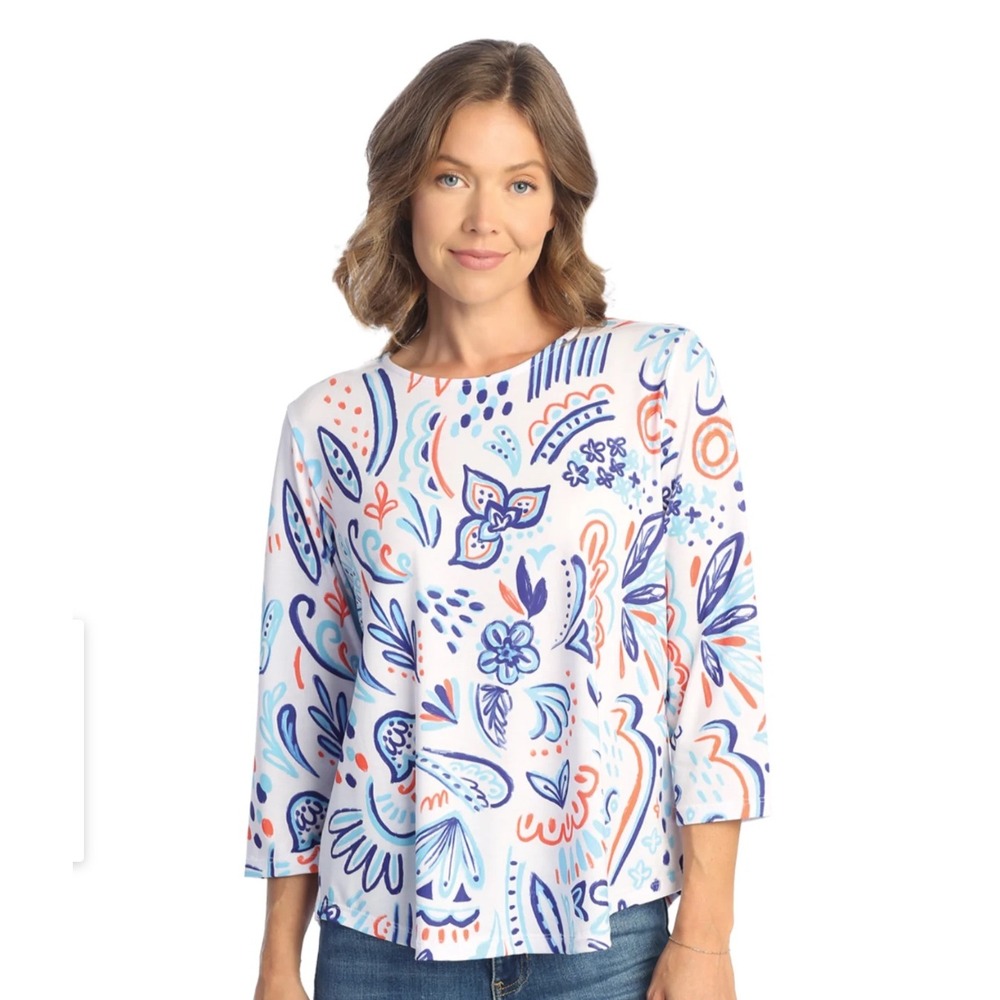 NEW Jess & Jane Medium "Viva" Floral Print Top 3/4 Sleeve‎ Blouse White Blue